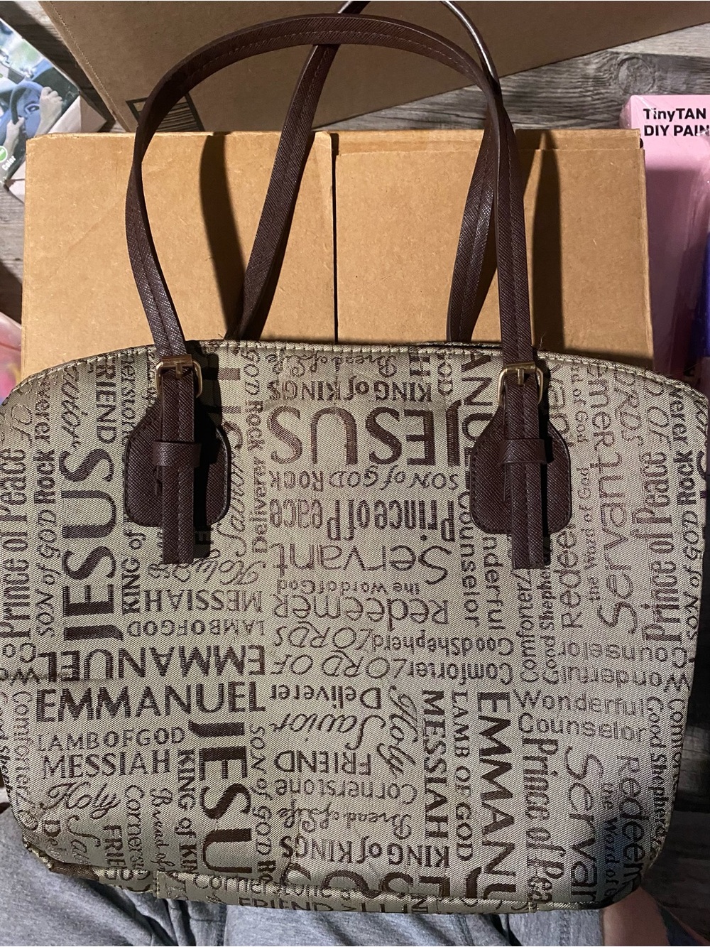 Christian-themed Canvas Tote Bag in Brown